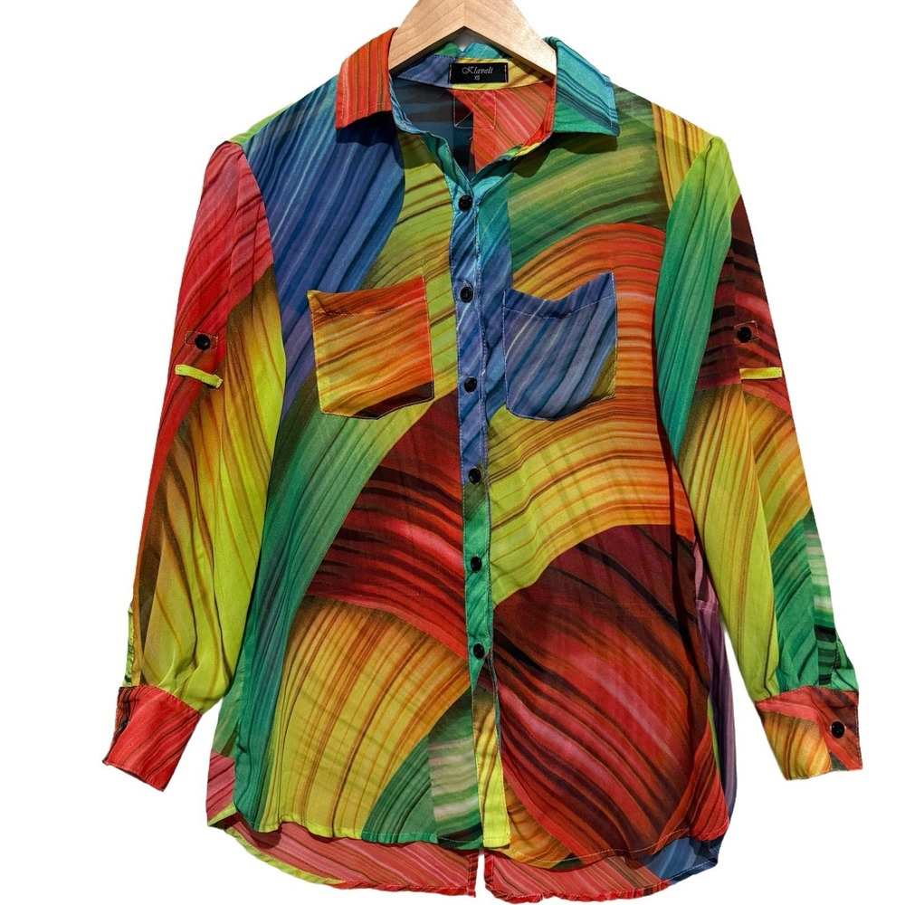 Klaveli Women's Blouse Size XS‎ Multicolor Button Up 3/4 Length Sleeve Roll Tab